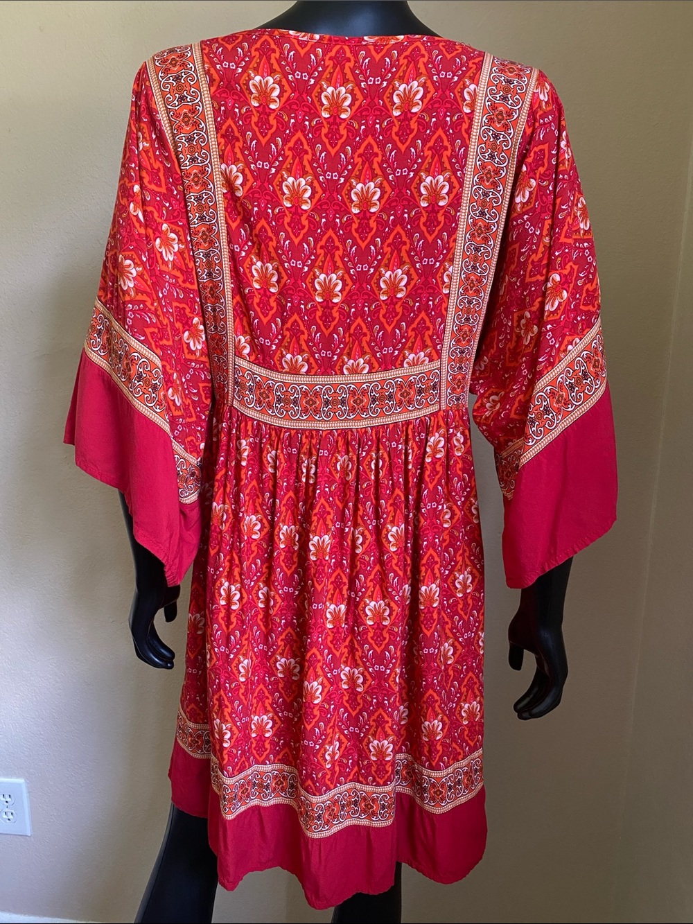 R. Vivimos Red Printed Long-Sleeve Boho Tunic Babydoll Dress - Picture 7 of 9